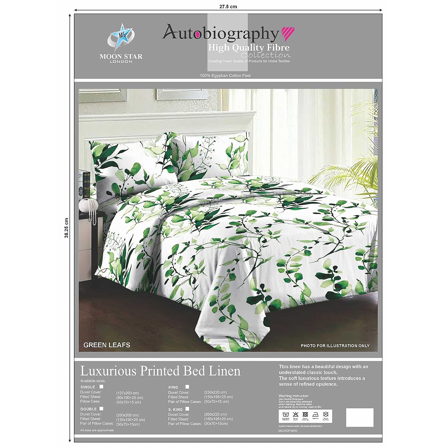 Set of 4- 100% Egyptian Cotton Nature-Inspired Leaves Pattern Duvet Cover, Fitted Sheet & Two Pillowcase (Size - King) - White with Green