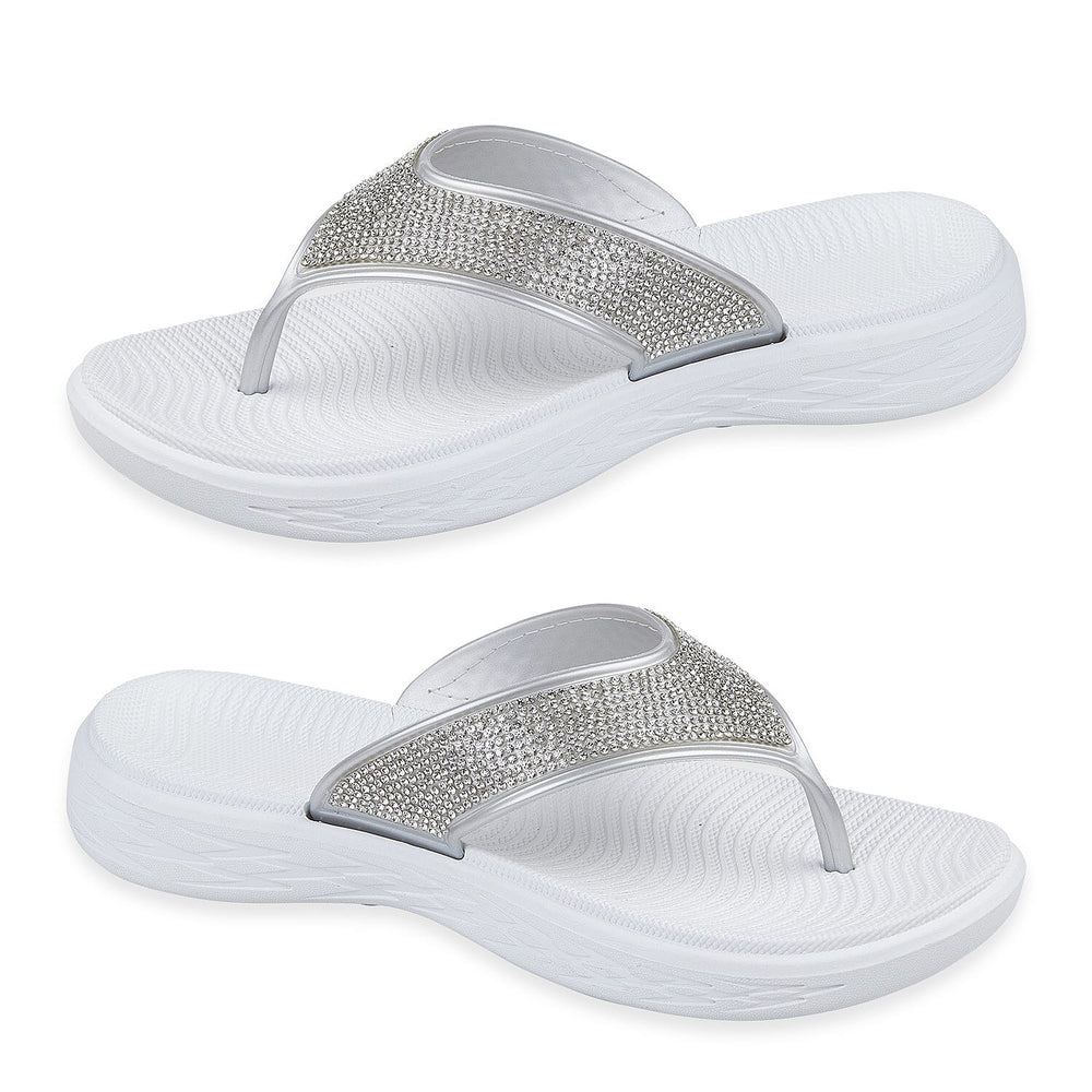 Sunset Dazzle Womens Glitter Strap Flip Flops Thong Sandals (Size 3) - White