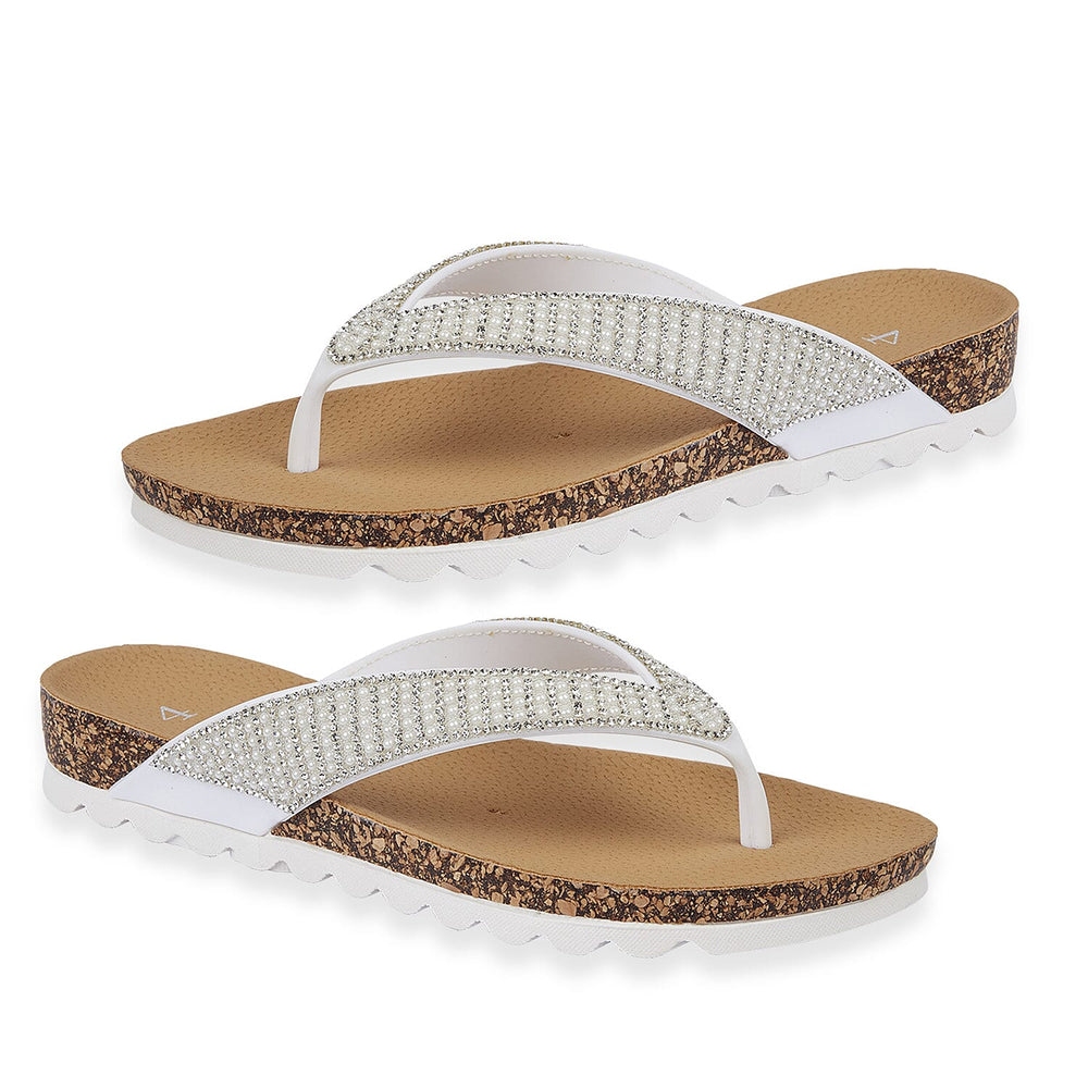 Sunset Comfortable Flip-Flop Sandals with Rhinestone Strap (Size 8) - White