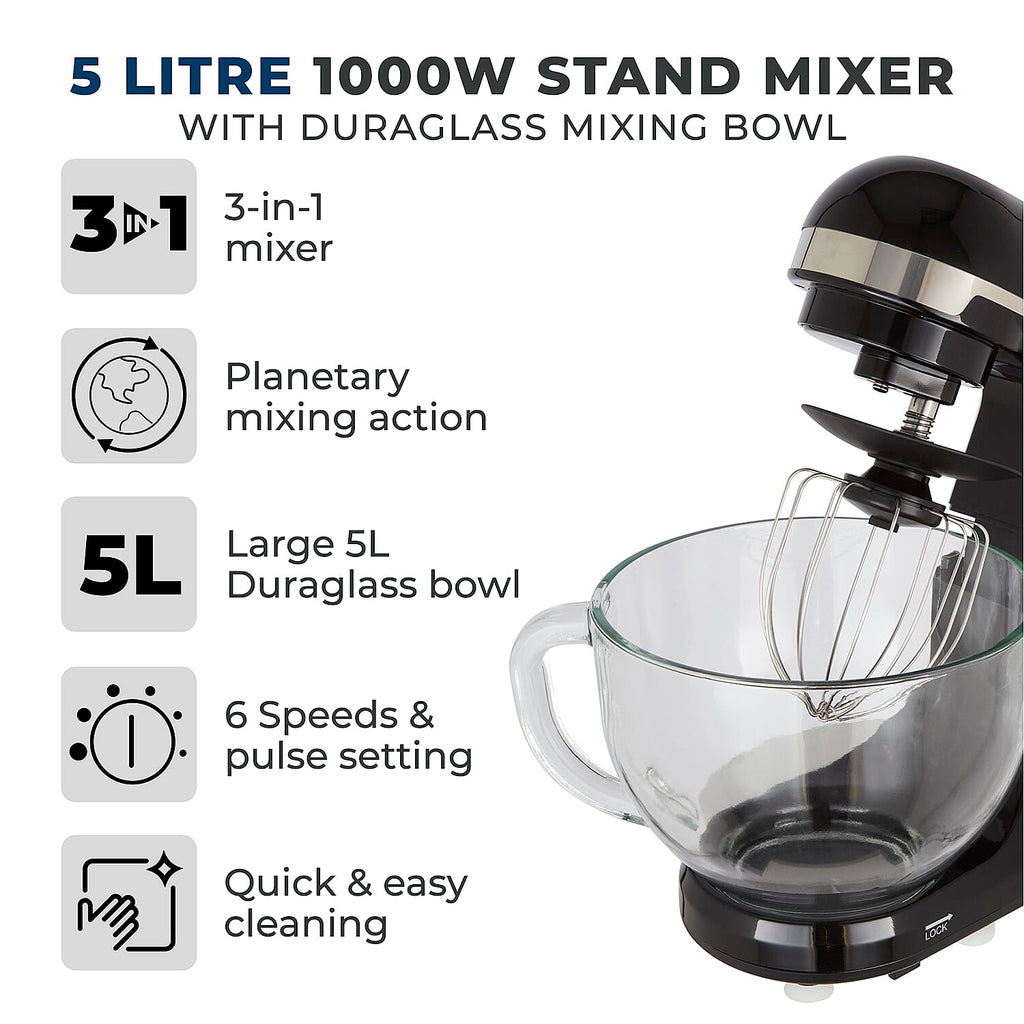 TOWER 3 in 1 Stand Mixer, 5 Litre Glass Bowl with 6 Speeds and Pulse Setting - 1000W