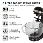 TOWER 3 in 1 Stand Mixer, 5 Litre Glass Bowl with 6 Speeds and Pulse Setting - 1000W