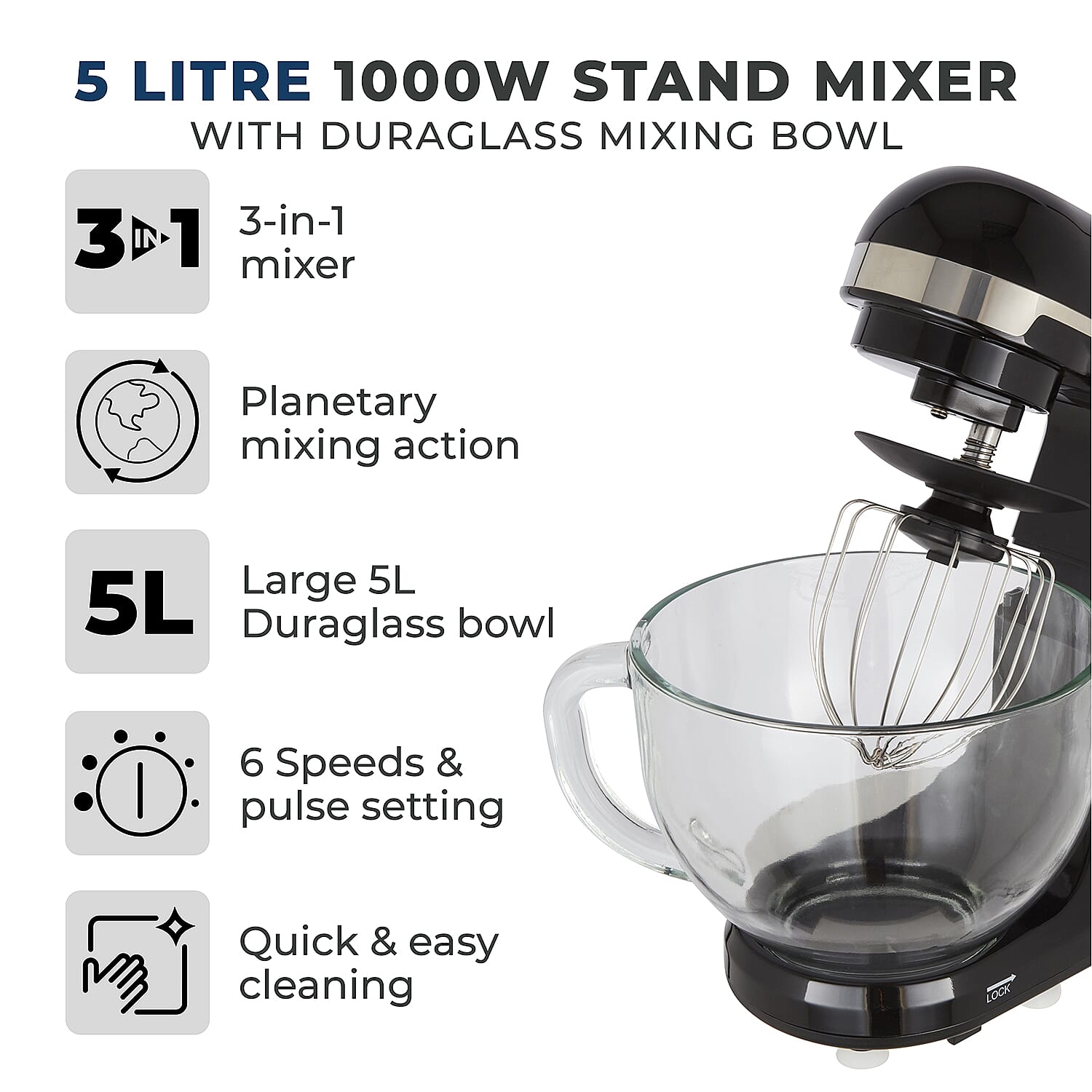 TOWER 3 in 1 Stand Mixer, 5 Litre Glass Bowl with 6 Speeds and Pulse Setting - 1000W
