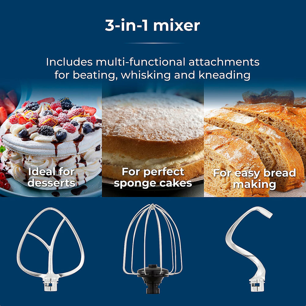 TOWER 3 in 1 Stand Mixer, 5 Litre Glass Bowl with 6 Speeds and Pulse Setting - 1000W