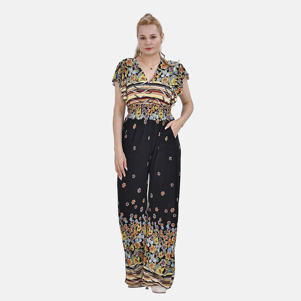 La Marey Floral Printed Smocked Waist Jumpsuit with Flutter Sleeve (Size M 8 - 14) - Black & Multi
