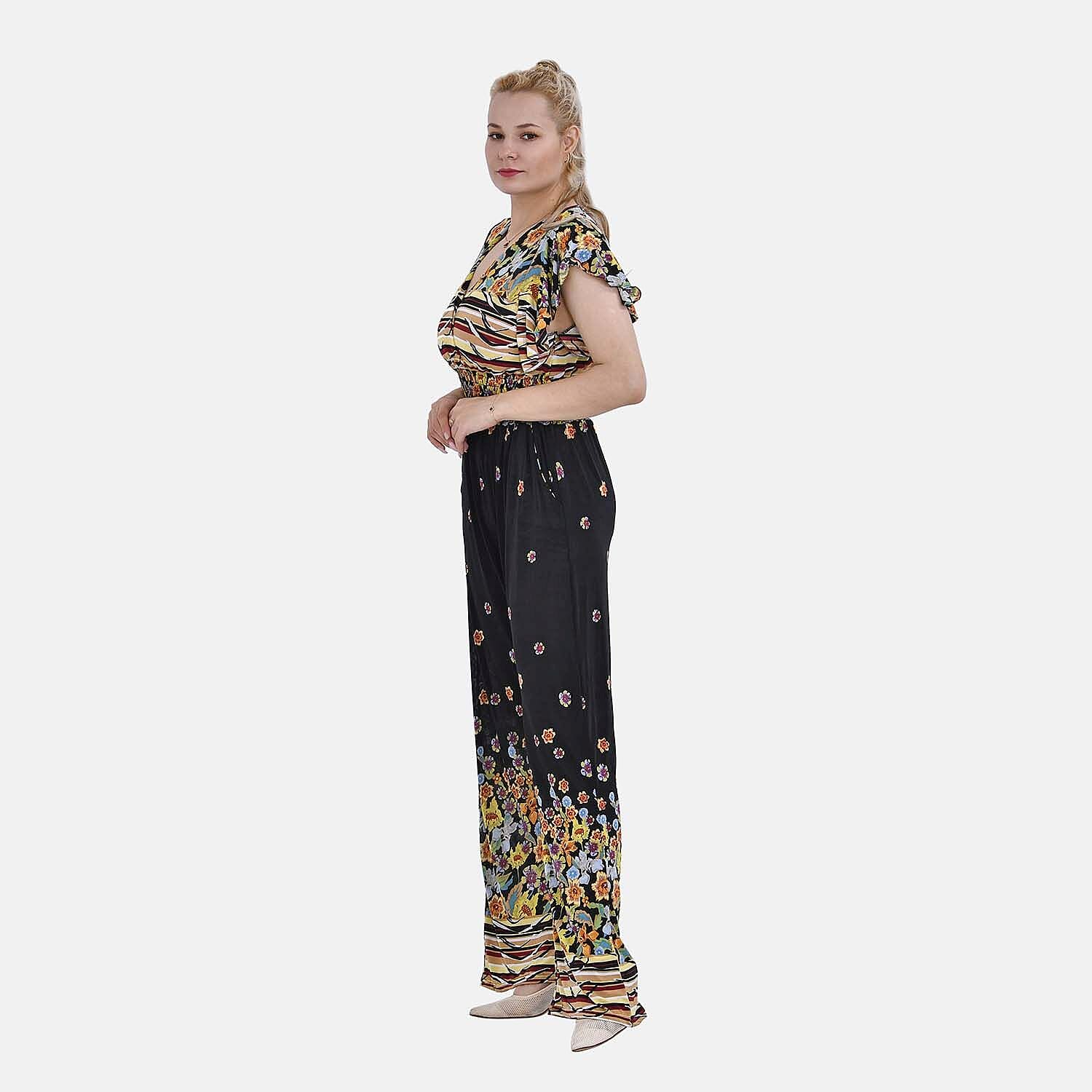 La Marey Floral Printed Smocked Waist Jumpsuit with Flutter Sleeve (Size M 8 - 14) - Black & Multi