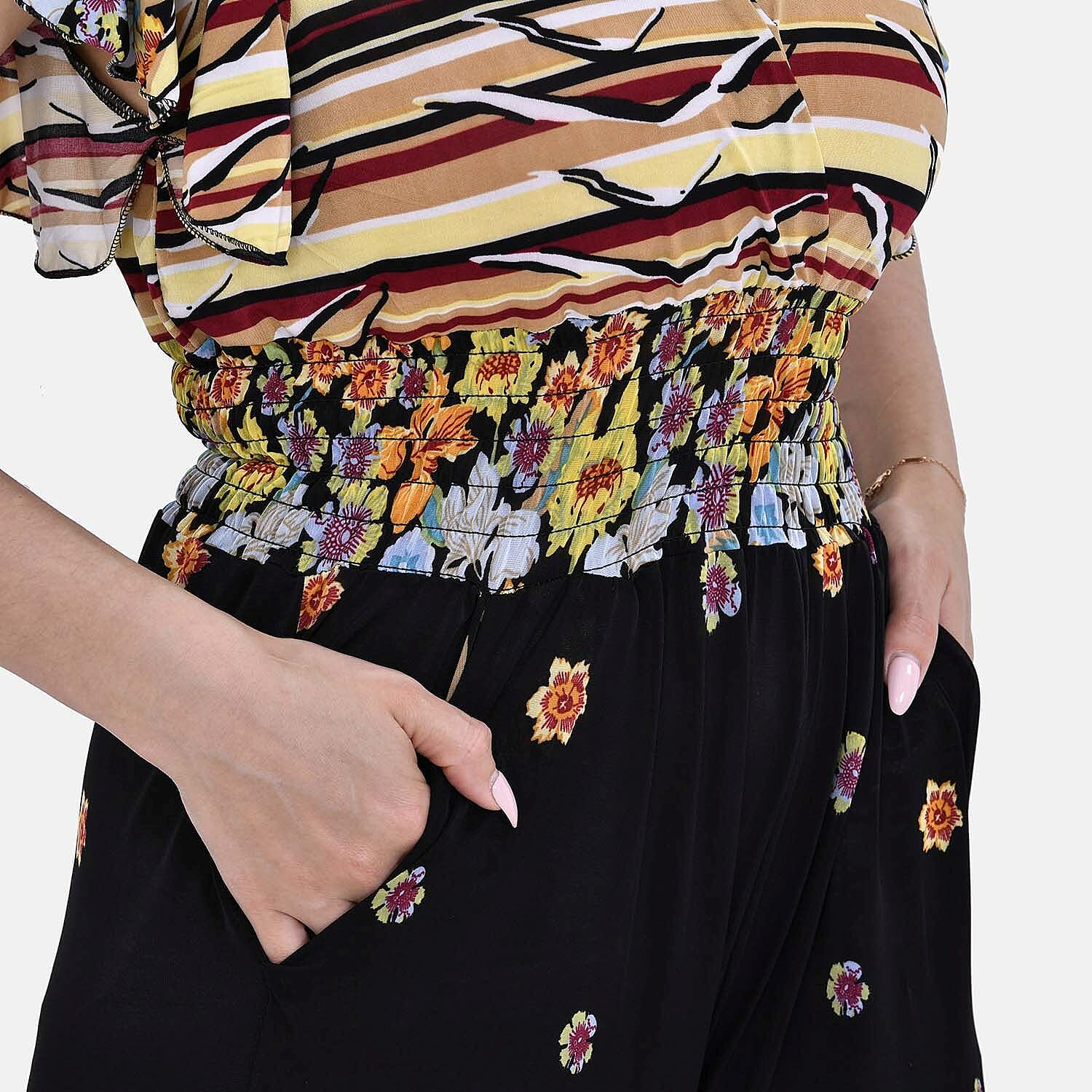 La Marey Floral Printed Smocked Waist Jumpsuit with Flutter Sleeve (Size M 8 - 14) - Black & Multi