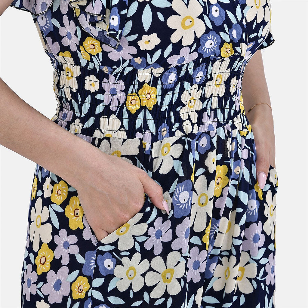 LA MAREY Floral Pattern Smocked Waist Jumpsuit with Flutter Sleeve (Size 10 - 14) - Floral