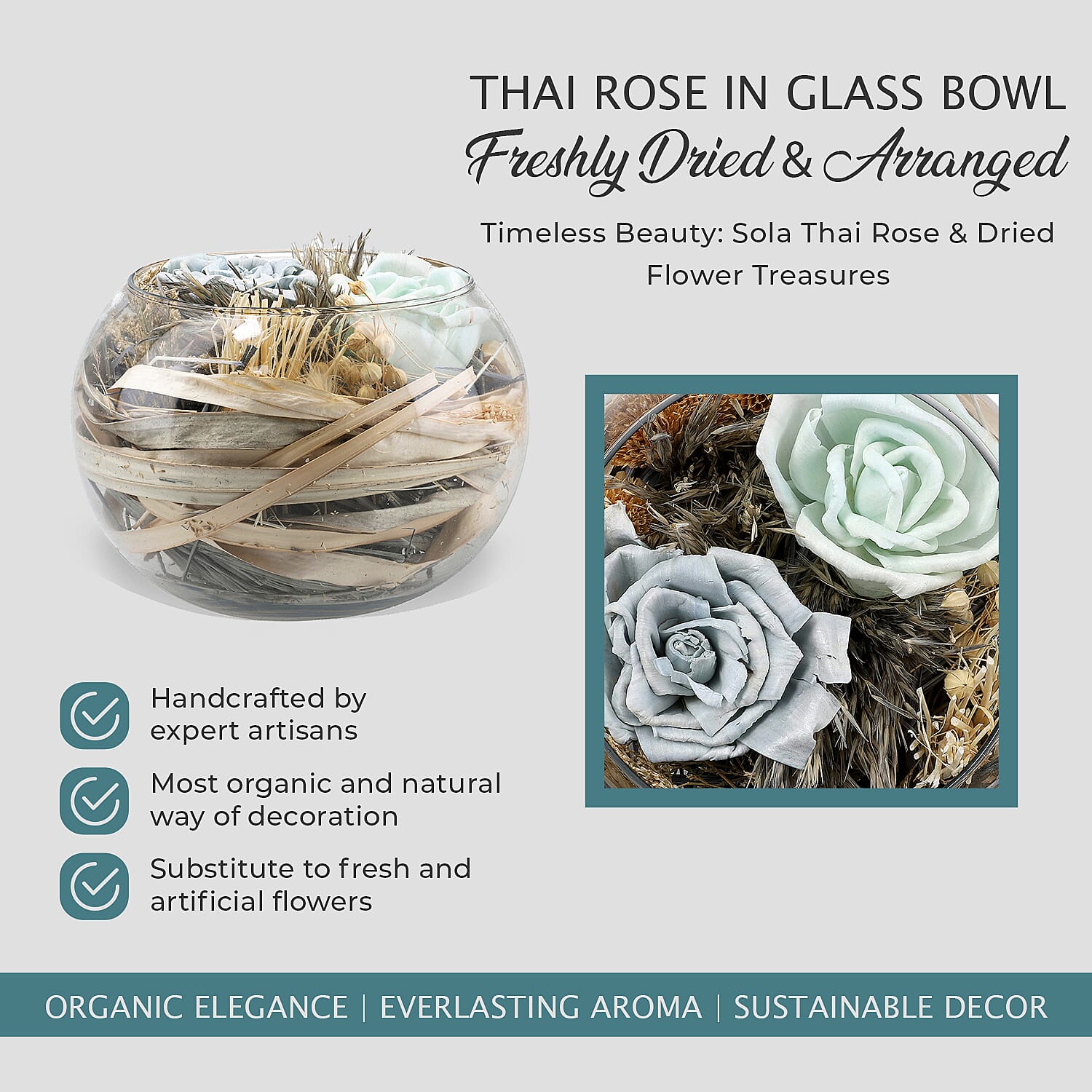 Fresh Dried Arrangement in Glass Bowl Sola Thai Rose - Light Blue