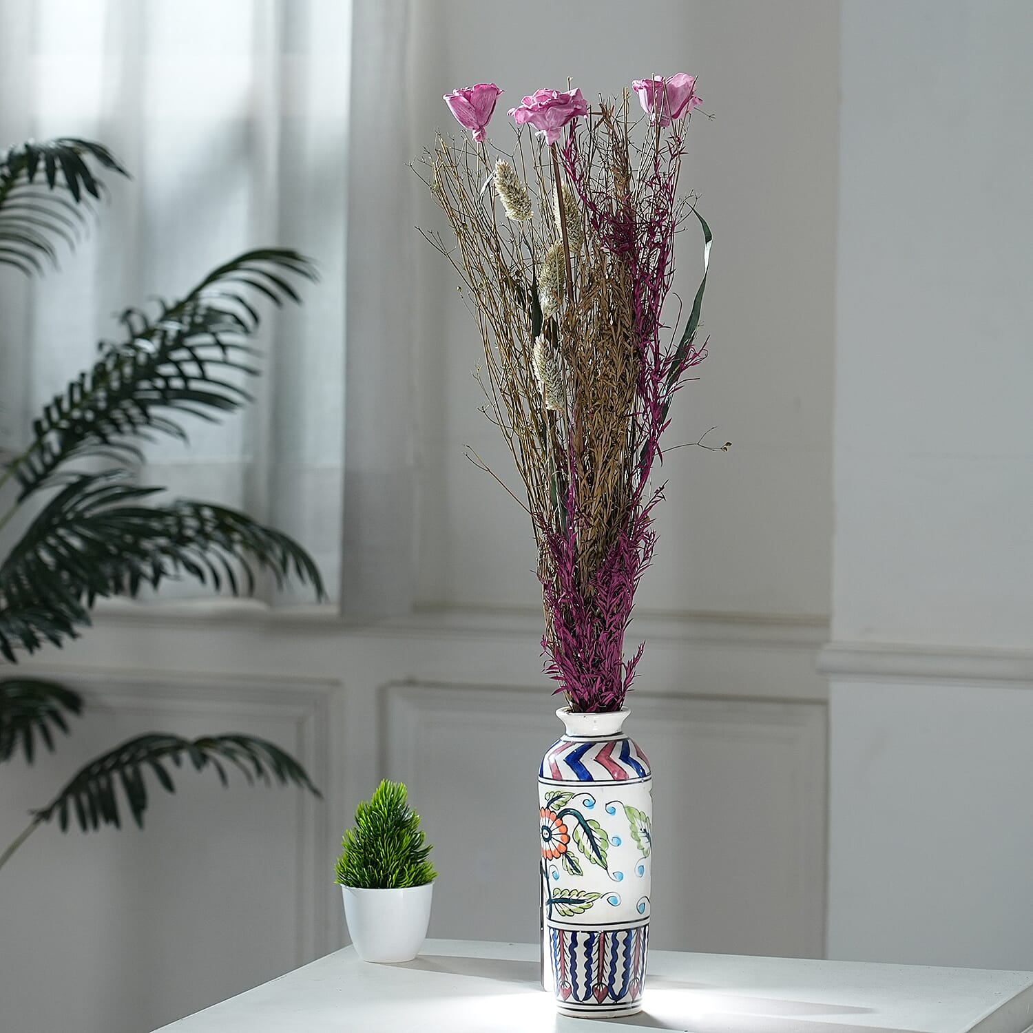 Dried Floral Arrangement Home Decor in Paper Tray with Grass Bottom & Sola Thai Rose - Pink