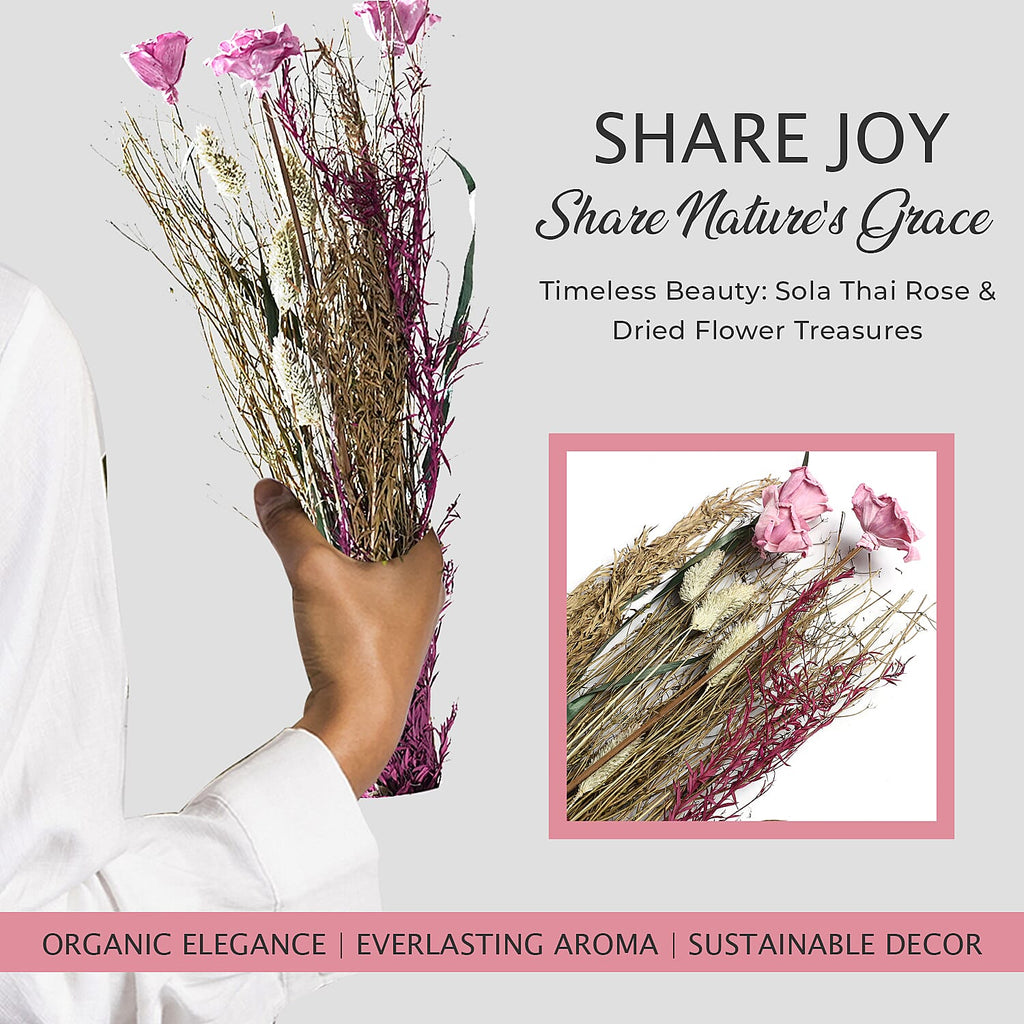 Dried Floral Arrangement Home Decor in Paper Tray with Grass Bottom & Sola Thai Rose - Pink
