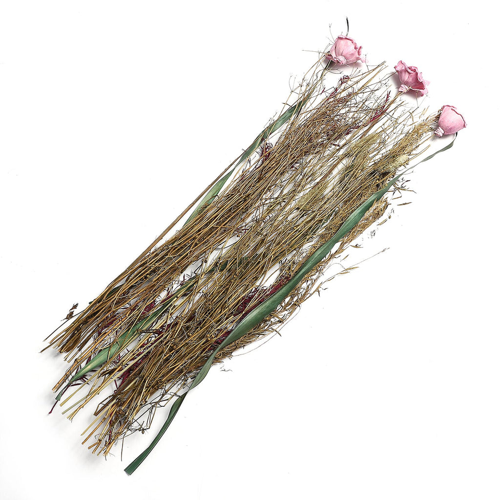 Dried Floral Arrangement Home Decor in Paper Tray with Grass Bottom & Sola Thai Rose - Pink
