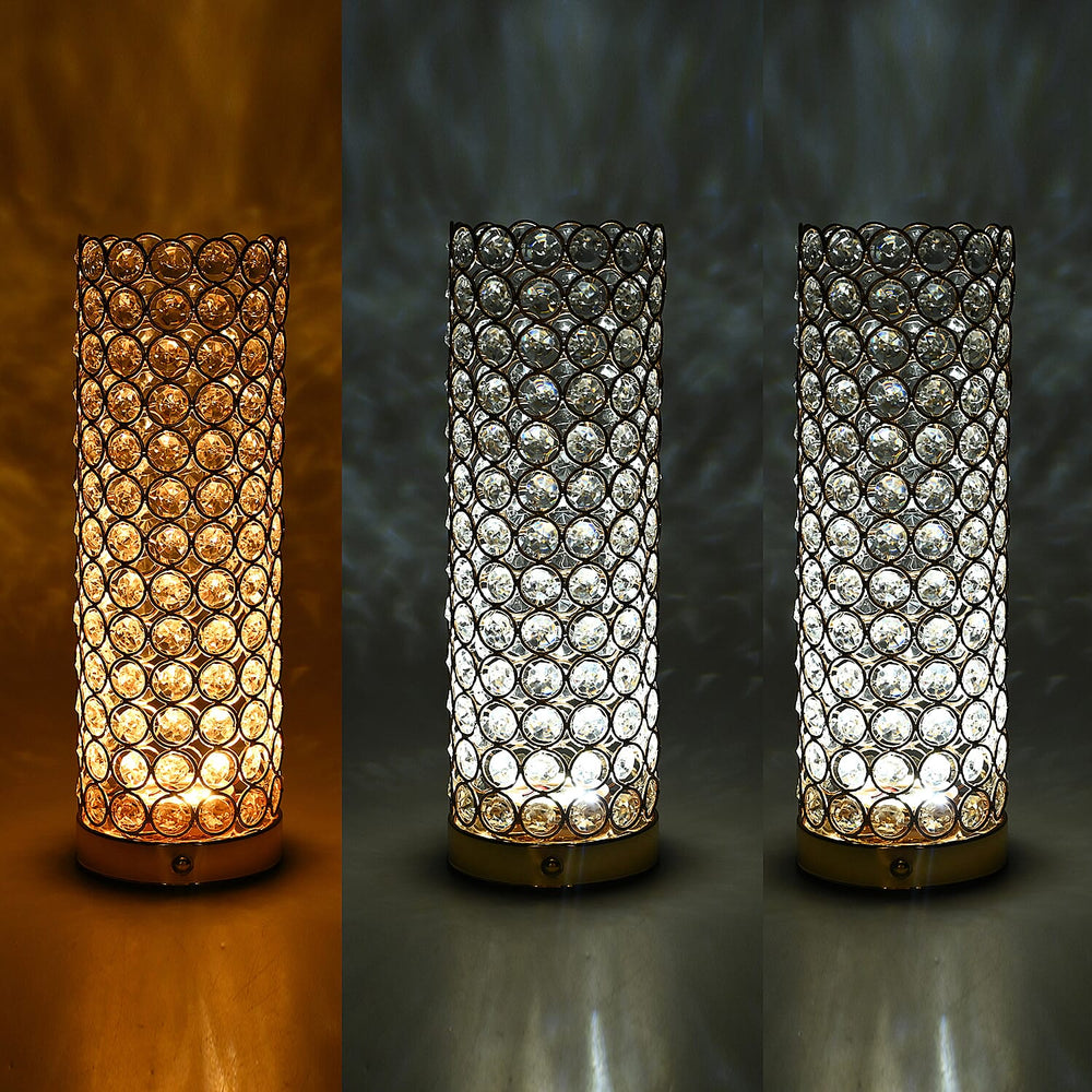Crystal Table Lamp - Rechargable - 3 Light Modes 13x13x28cm - Gold & Transparent