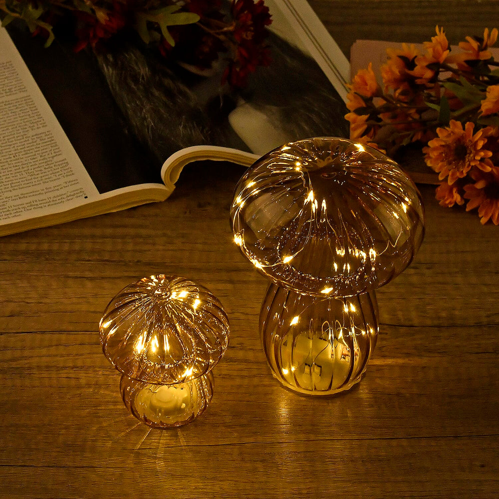 Set of 2 Glass Mushroom Table Lamps (Size 8x8x10 cm) - Light Brown