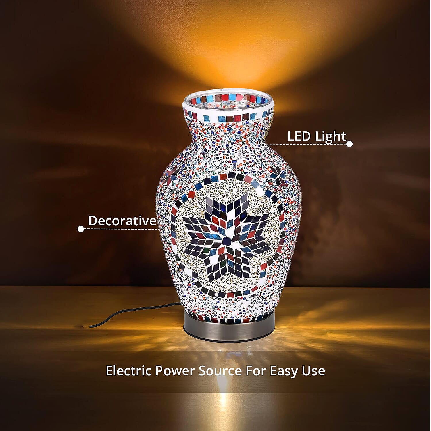 Moroccan Style Mosaic Vase Table Lamp with LED Light (USB Powered)