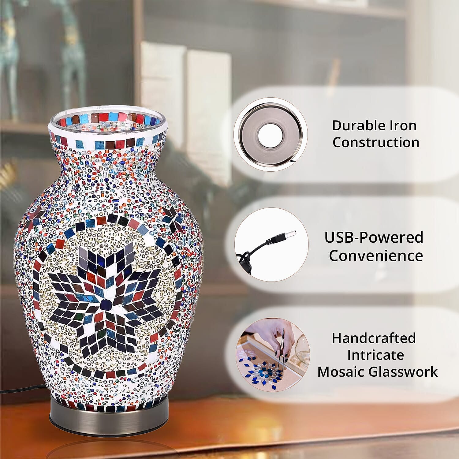 Moroccan Style Mosaic Vase Table Lamp with LED Light (USB Powered)