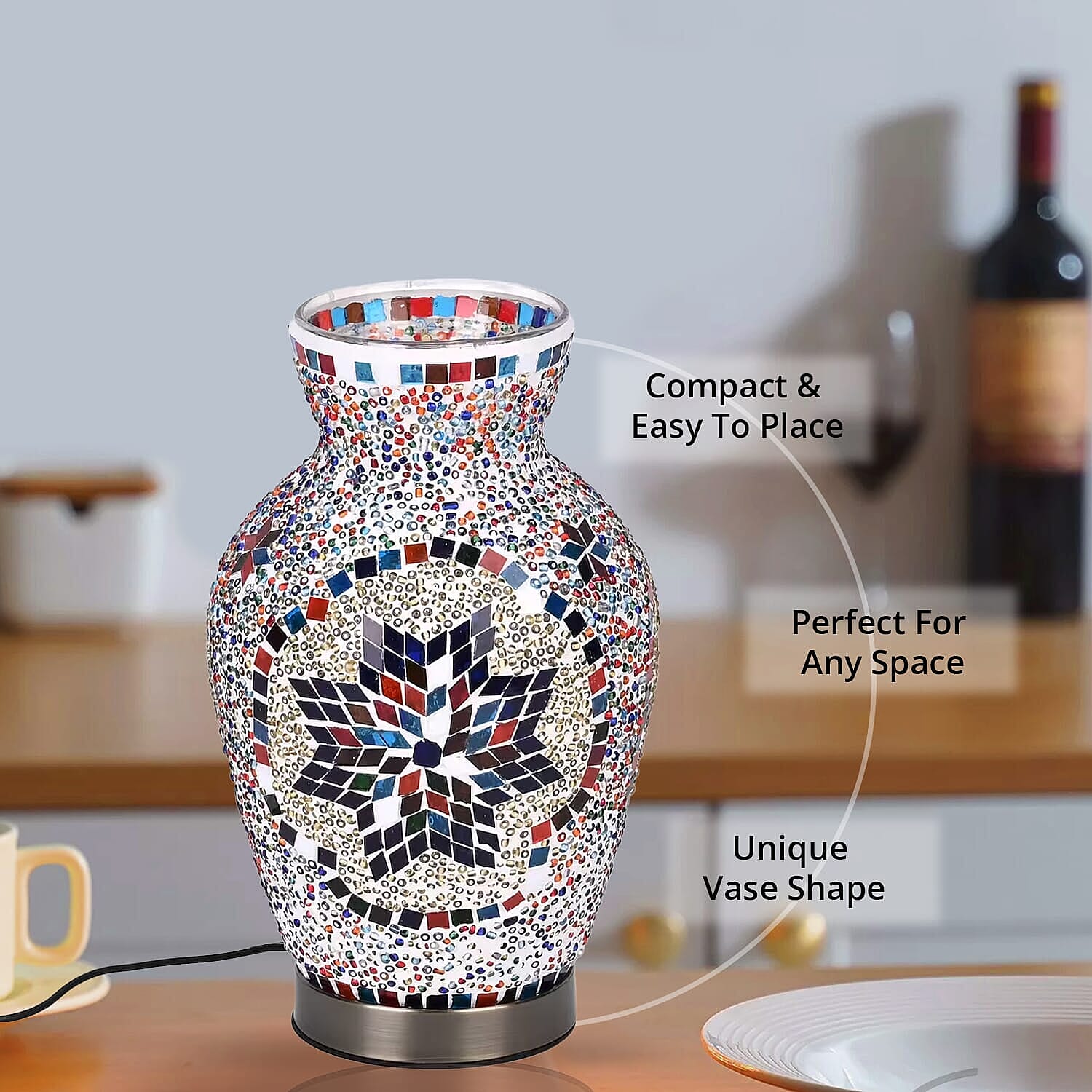 Moroccan Style Mosaic Vase Table Lamp with LED Light (USB Powered)