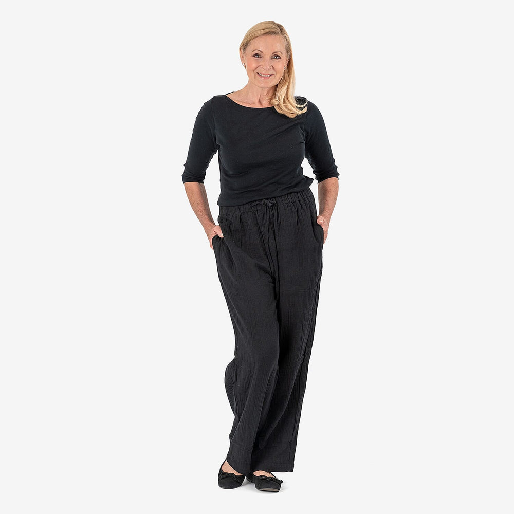 Tamsy 100% Cotton Casual Elasticated Waist Trousers (Size 24to26) - Black