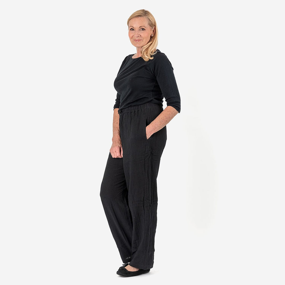 Tamsy 100% Cotton Casual Elasticated Waist Trousers (Size 24to26) - Black