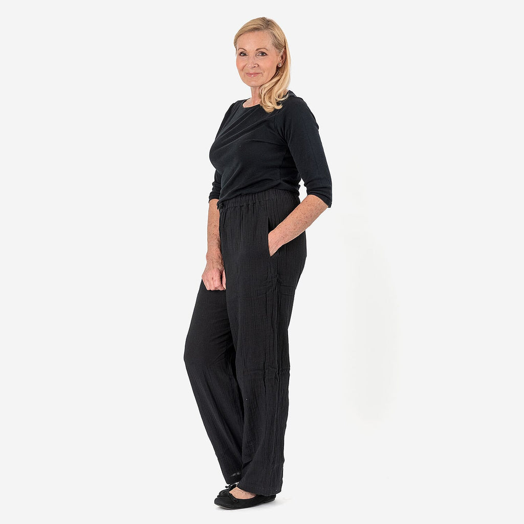 Tamsy 100% Cotton Casual Elasticated Waist Trousers (Size 24to26) - Black