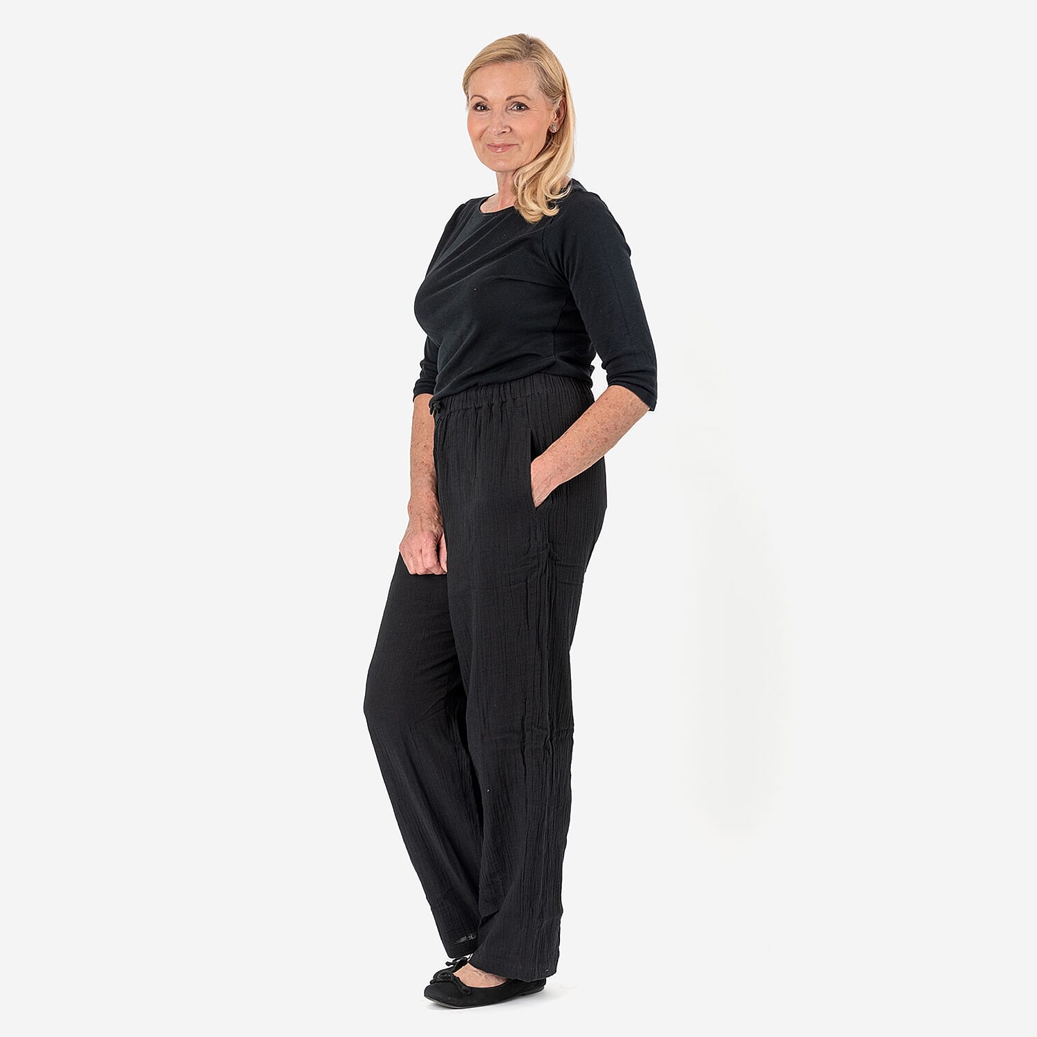 Tamsy 100% Cotton Casual Elasticated Waist Trousers (Size 24to26) - Black