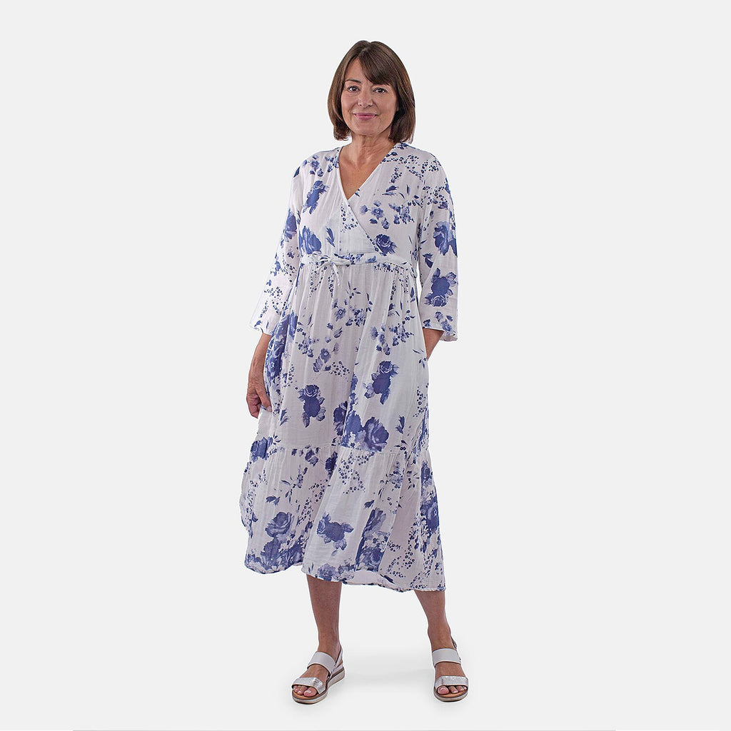 Tamsy 100% Cotton Tiered Floral Maxi Dress (Size M,12-14) - Blue