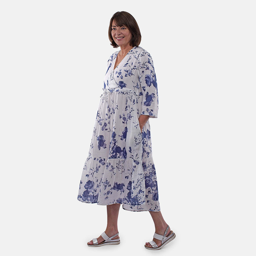 Tamsy 100% Cotton Tiered Floral Maxi Dress (Size M,12-14) - Blue
