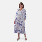 Tamsy 100% Cotton Tiered Floral Maxi Dress (Size XL,20-22) - Blue