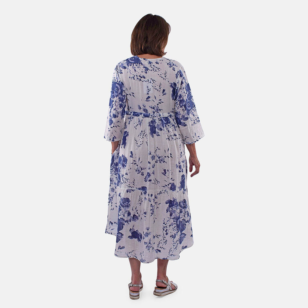 Tamsy 100% Cotton Tiered Floral Maxi Dress (Size XL,20-22) - Blue