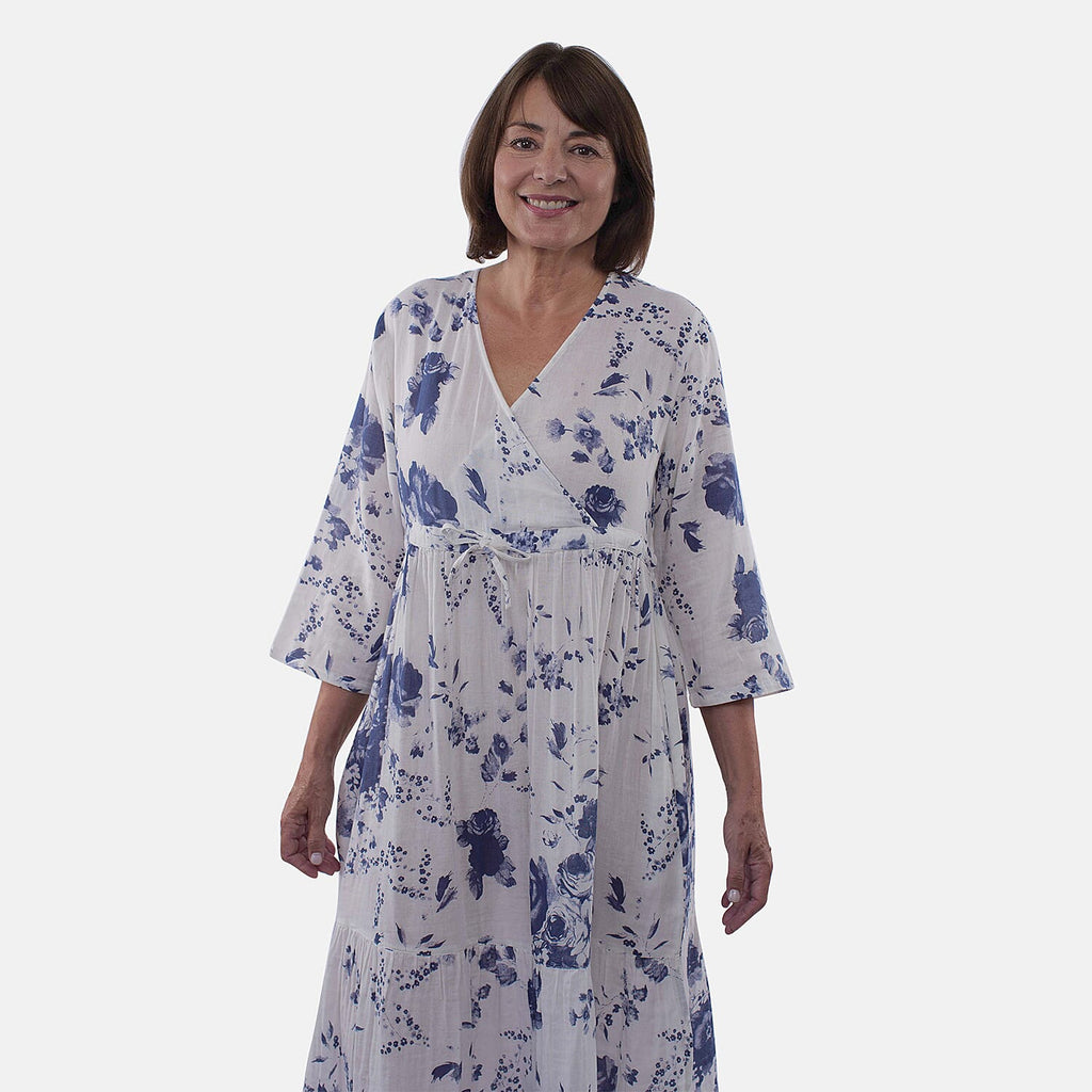 Tamsy 100% Cotton Tiered Floral Maxi Dress (Size XL,20-22) - Blue