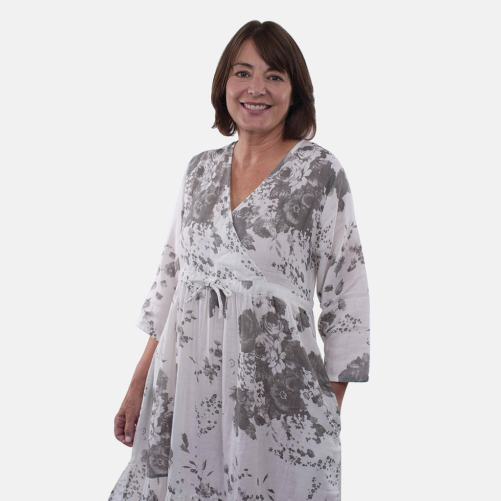 Tamsy 100% Cotton Tiered Floral Maxi Dress (Size XXL,24-26) - Grey