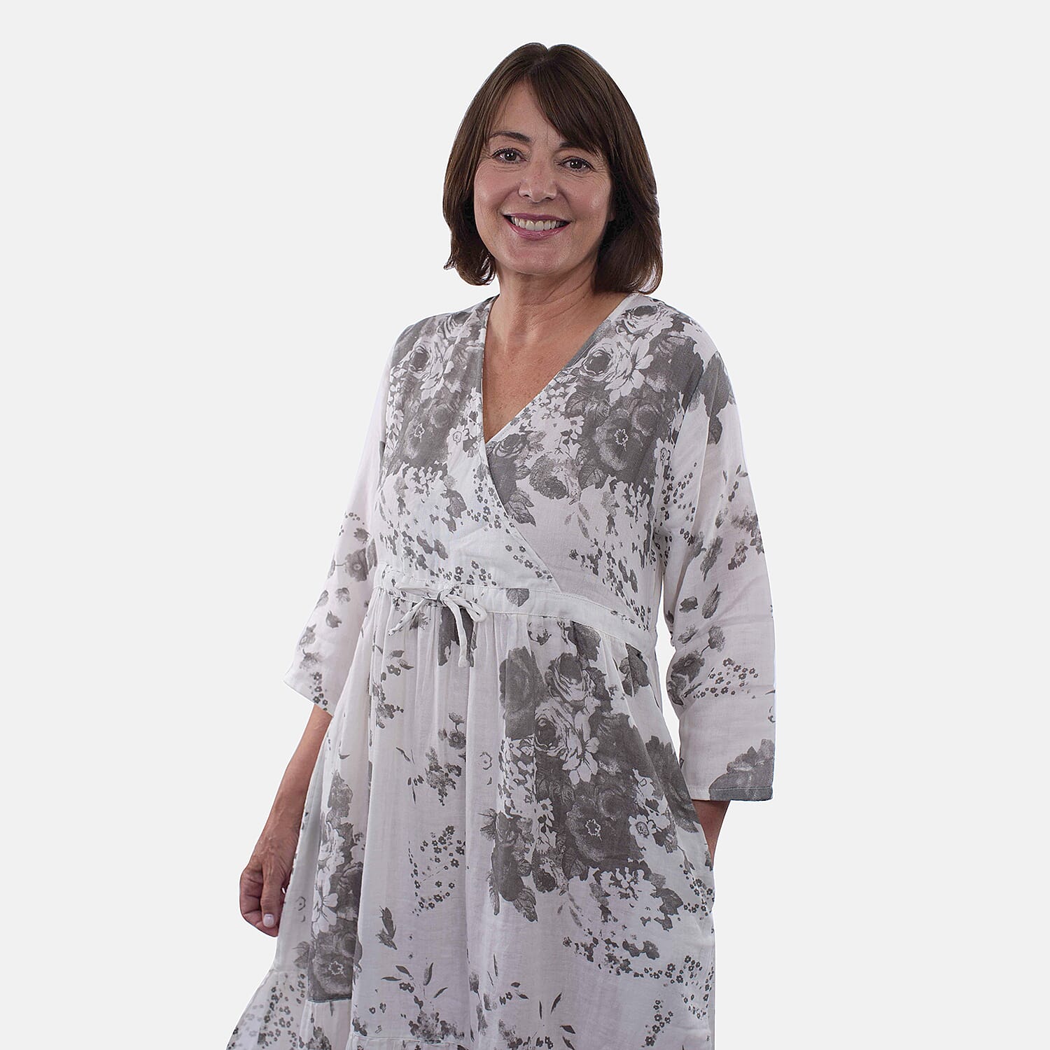 Tamsy 100% Cotton Tiered Floral Maxi Dress (Size XXL,24-26) - Grey