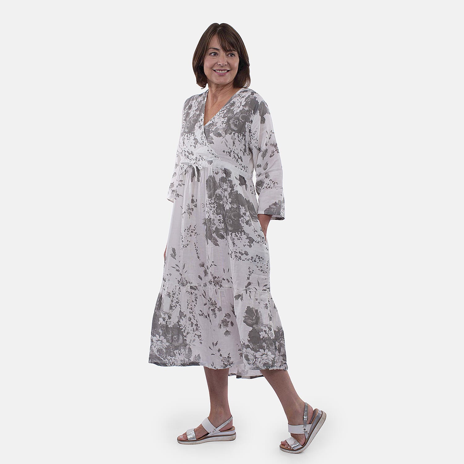 Tamsy 100% Cotton Tiered Floral Maxi Dress (Size XXL,24-26) - Grey