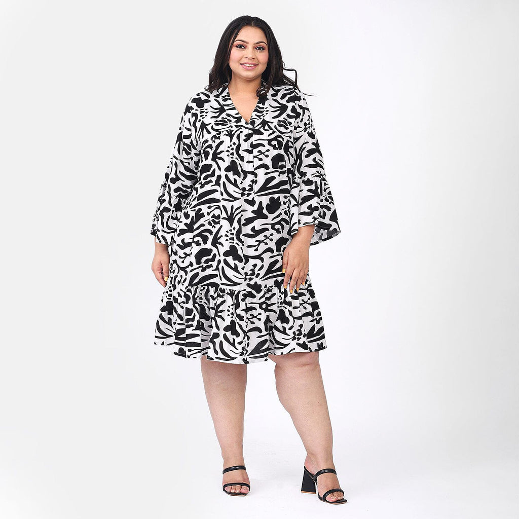 Tamsy 100% Viscose Abstract Pattern Dress (One Size 8-18) - Black and White