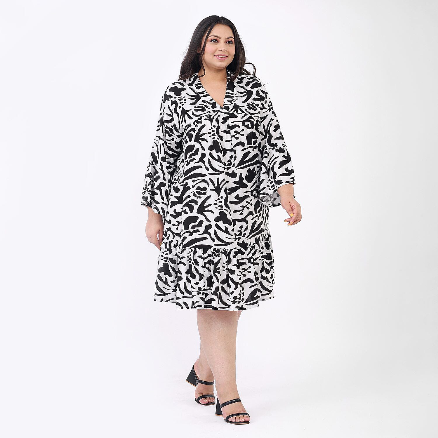 Tamsy 100% Viscose Abstract Pattern Dress (One Size 8-18) - Black and White