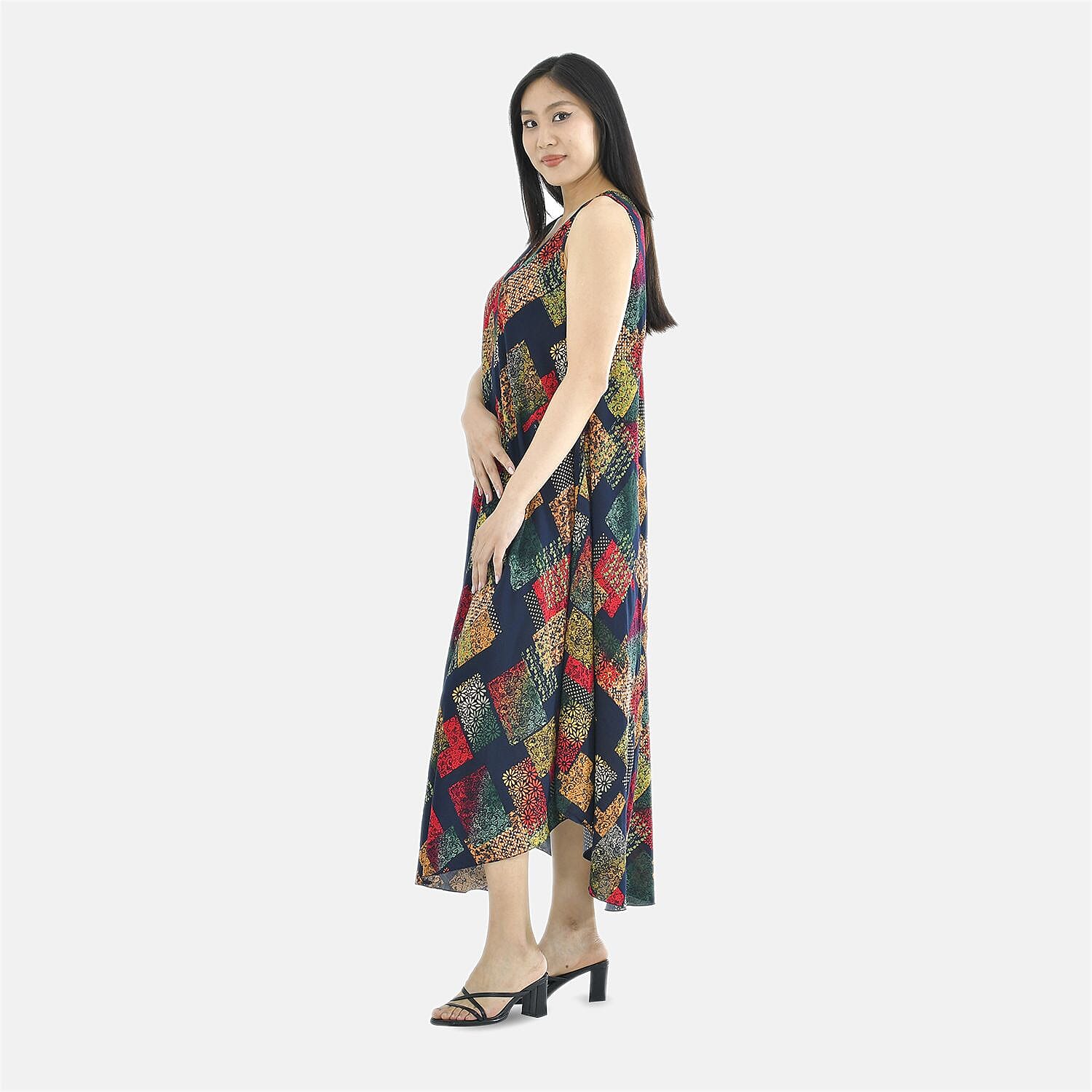 Tamsy 100% Viscose Abstract Pattern Umbrella Dress (Size 130x59 Cm) - Multi - Black