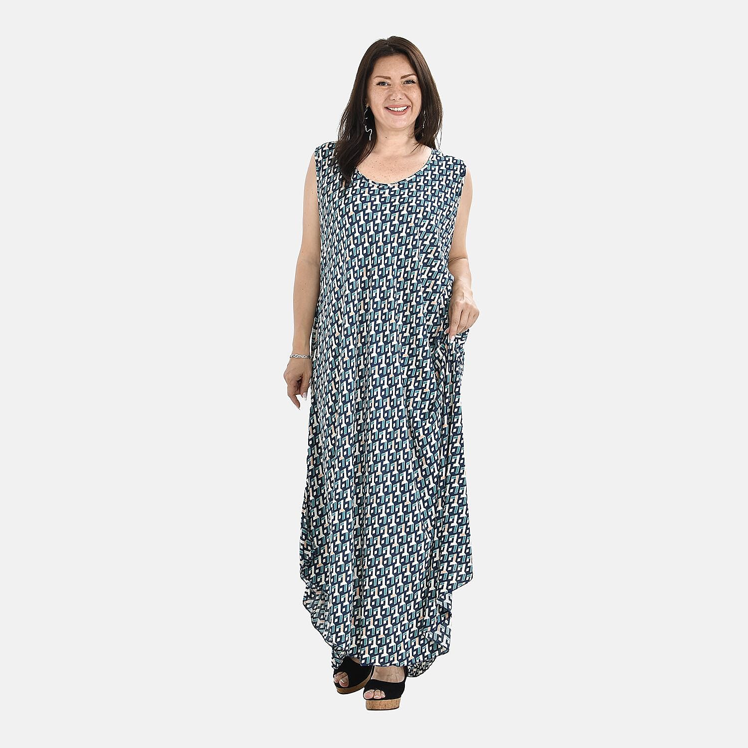 Tamsy 100% Viscose Irregular Figure Print Umbrella Dress (One Size, 8-18) - Teal Blue