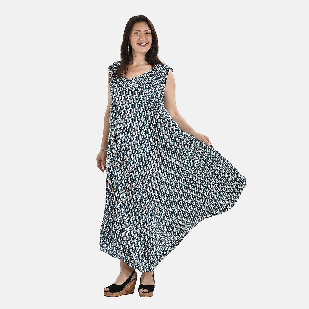 Tamsy 100% Viscose Irregular Figure Print Umbrella Dress (One Size, 8-18) - Teal Blue