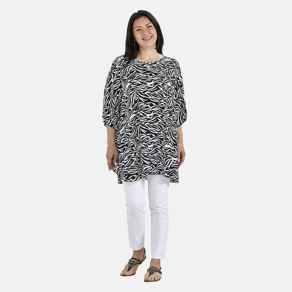 Tamsy 100% Viscose Abstract Print Top (One Size, 8-16) - Black - White