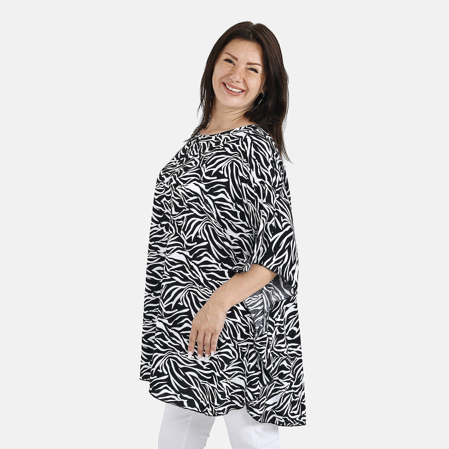 Tamsy 100% Viscose Abstract Print Top (One Size, 8-16) - Black - White