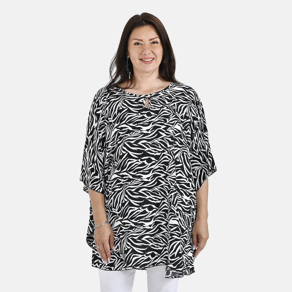 Tamsy 100% Viscose Abstract Print Top (One Size, 8-16) - Black - White