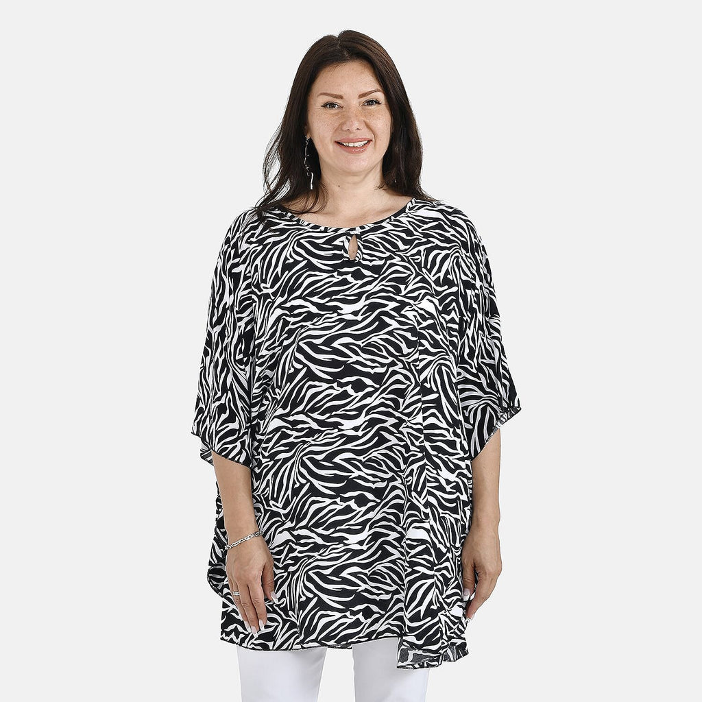 Tamsy 100% Viscose Abstract Print Top (One Size, 8-16) - Black - White