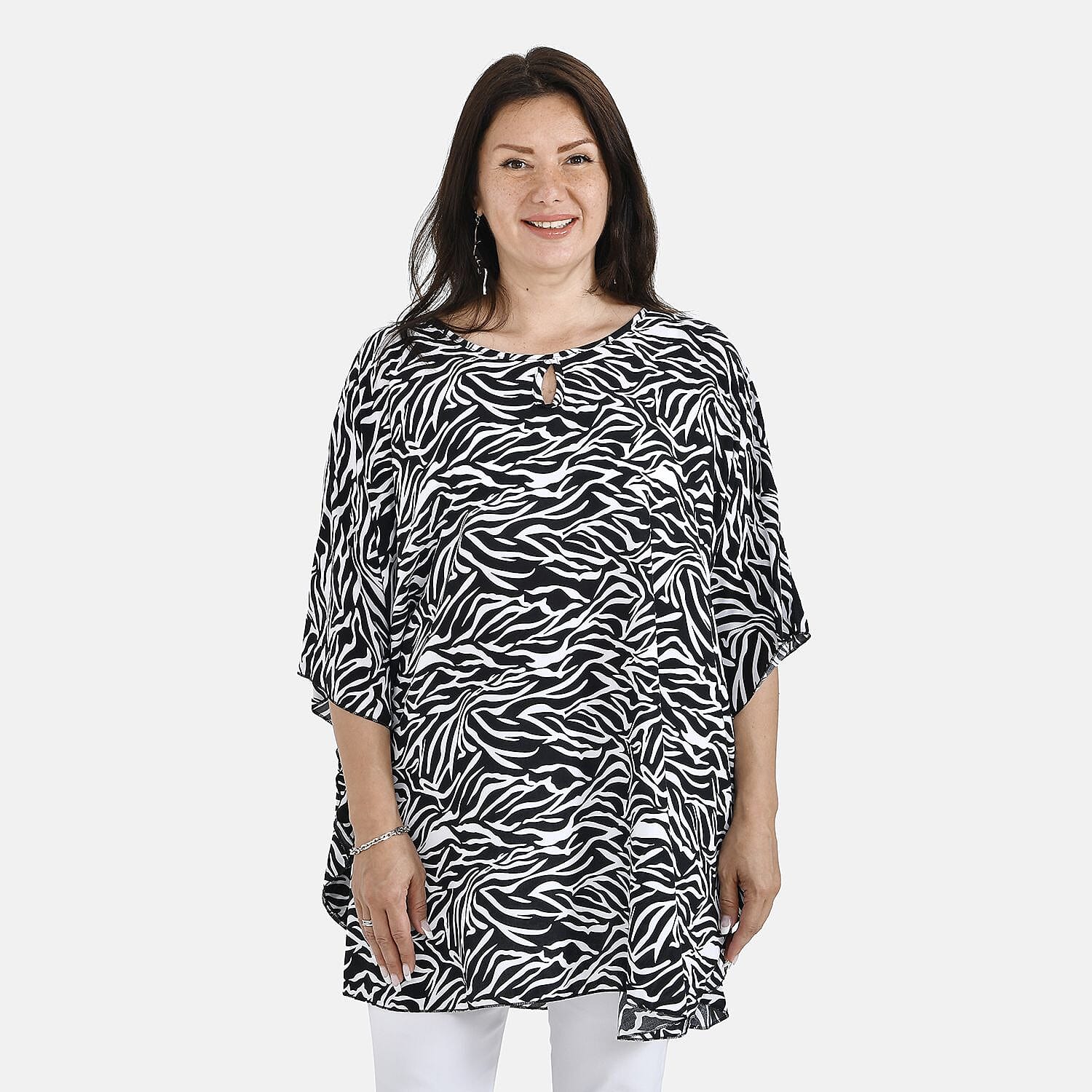 Tamsy 100% Viscose Abstract Print Top (One Size, 8-16) - Black - White
