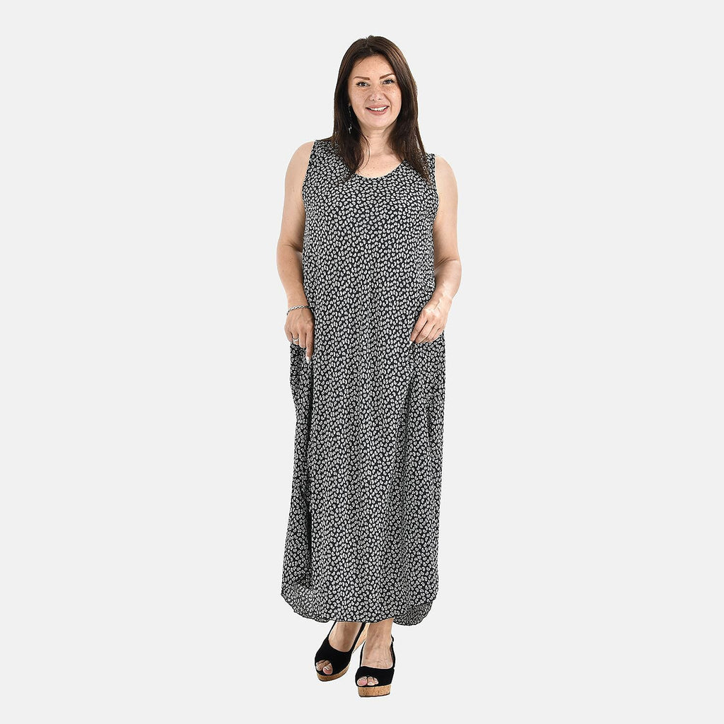 Tamsy 100% Viscose Cashew Nut Print Umbrella Dress (One Size, 8-18) - Black