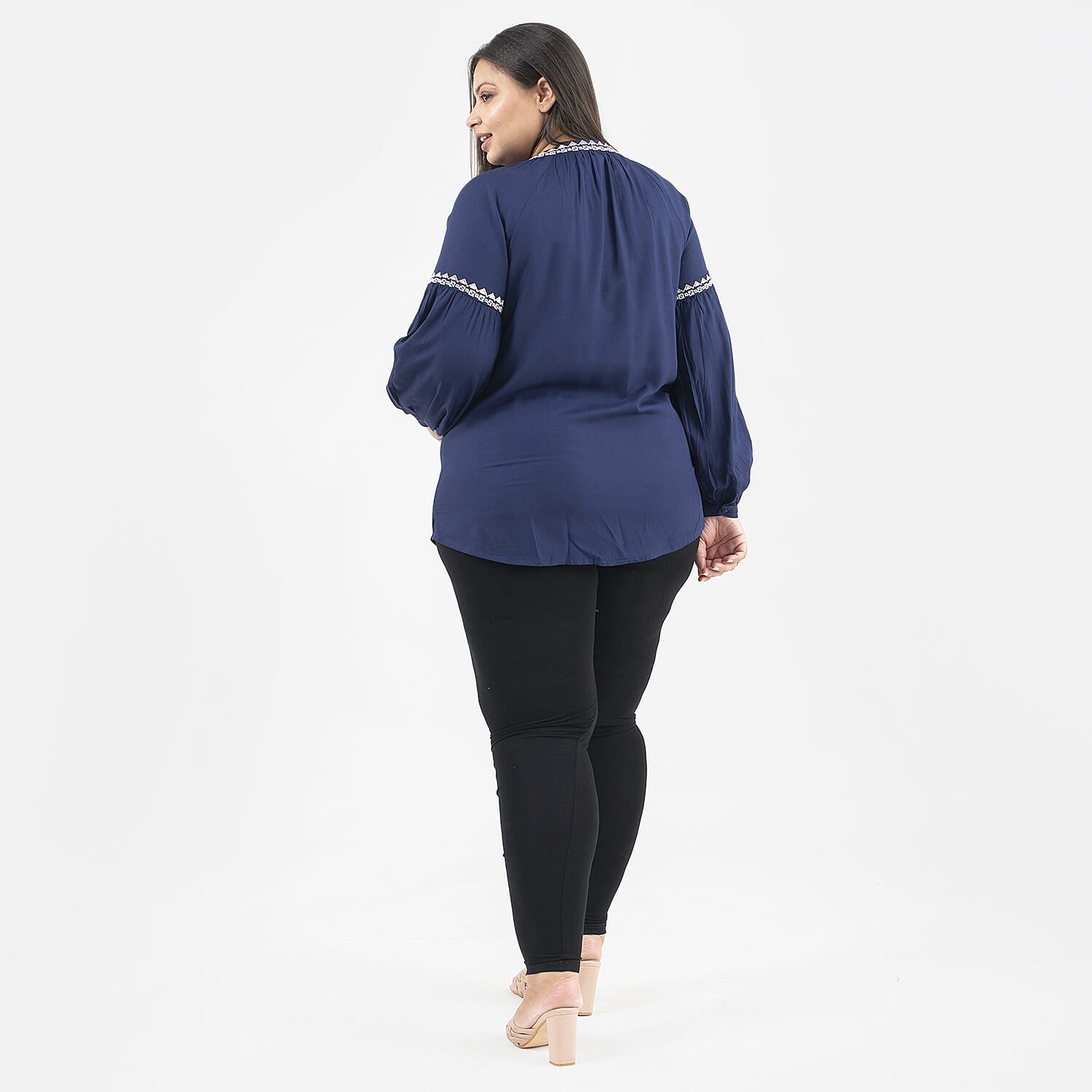 Tamsy 100% Viscose Embroidered Full Sleeves Top with Doori Tassel (Size S,8-10) - Navy
