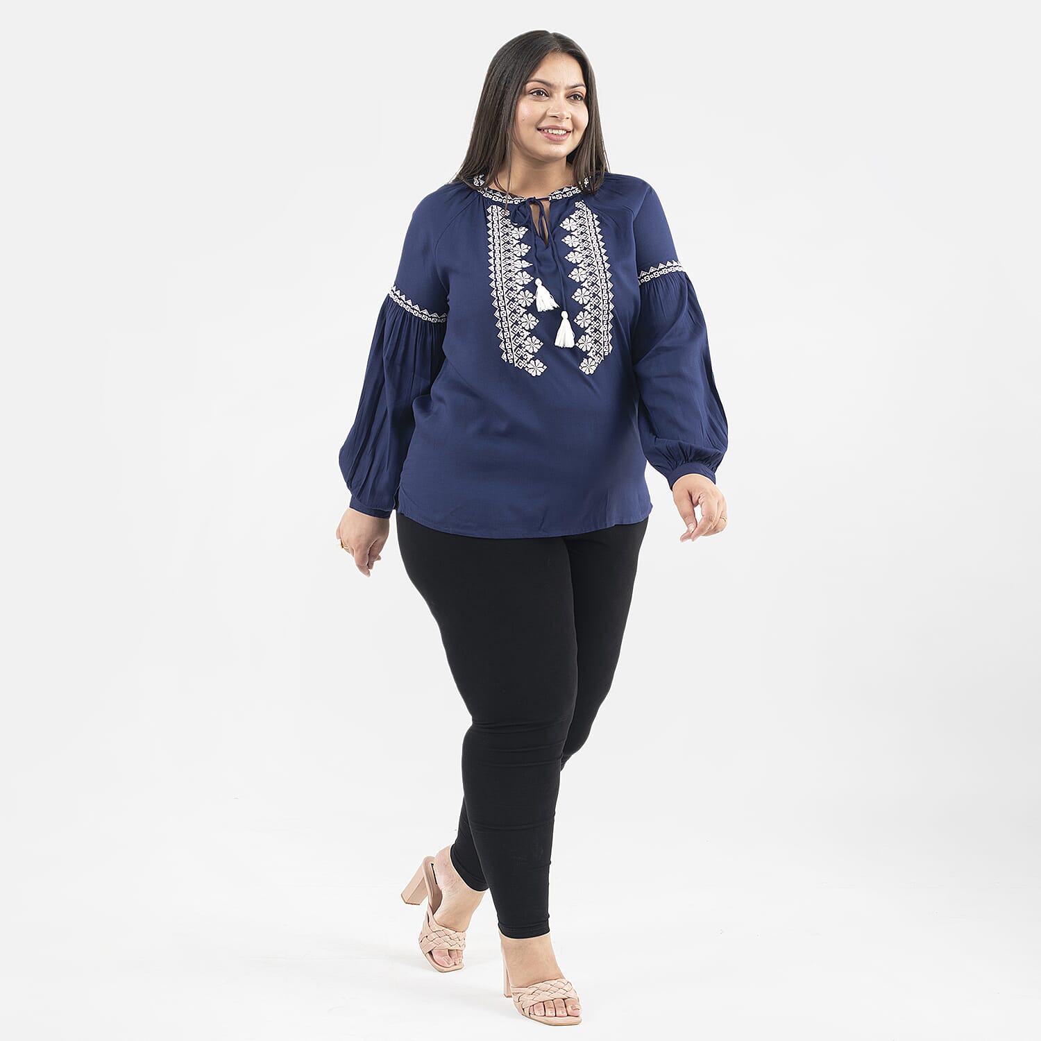 Tamsy 100% Viscose Embroidered Full Sleeves Top with Doori Tassel (Size M,12-14) - Navy