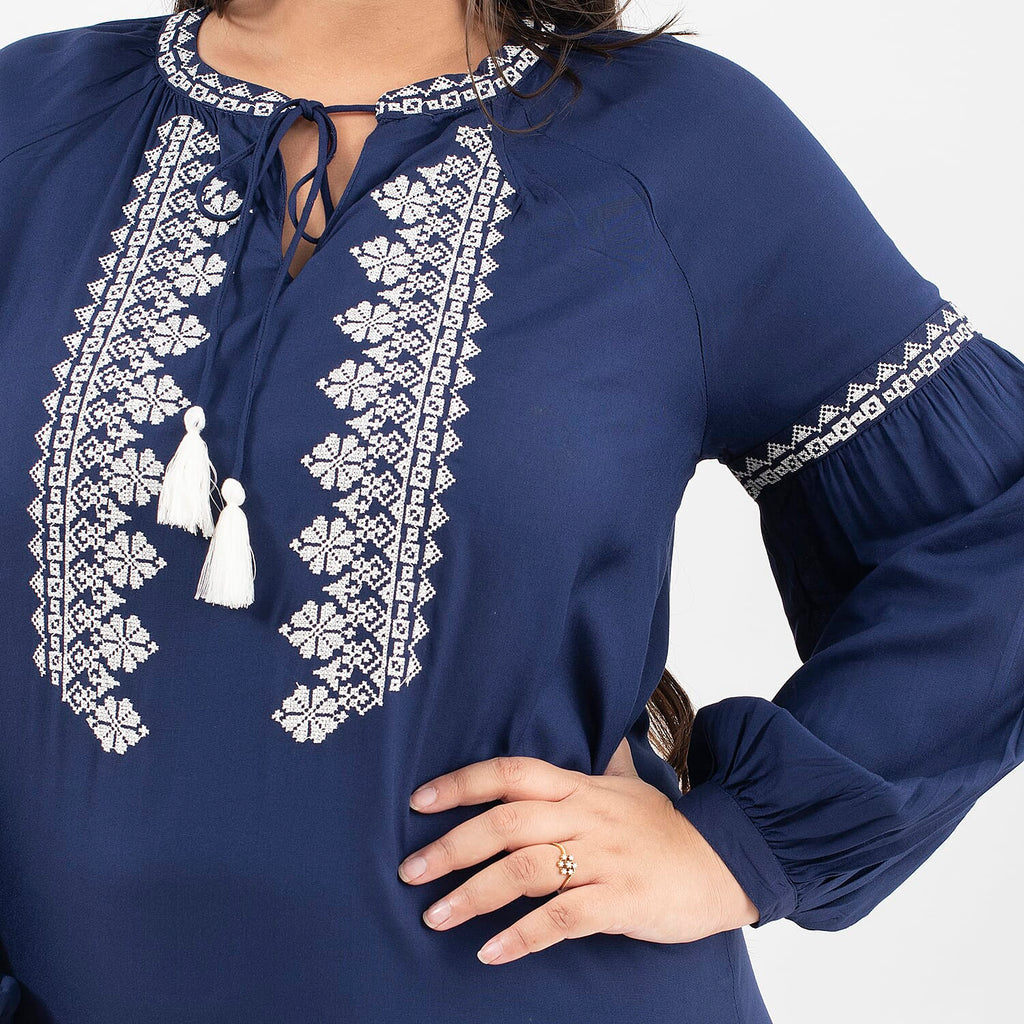 Tamsy 100% Viscose Embroidered Full Sleeves Top with Doori Tassel (Size XL,20-22) - Navy