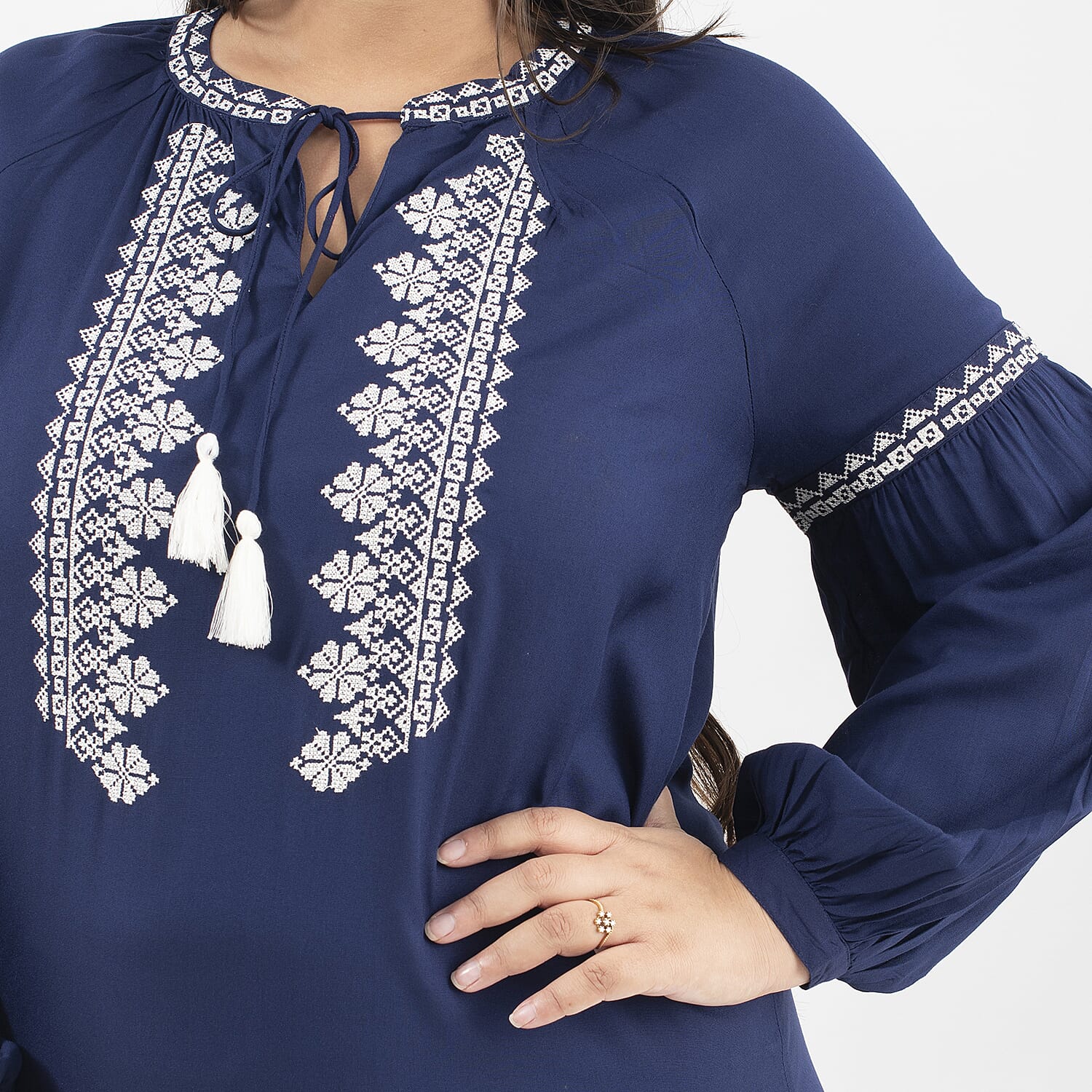 Tamsy 100% Viscose Embroidered Full Sleeves Top with Doori Tassel (Size XL,20-22) - Navy
