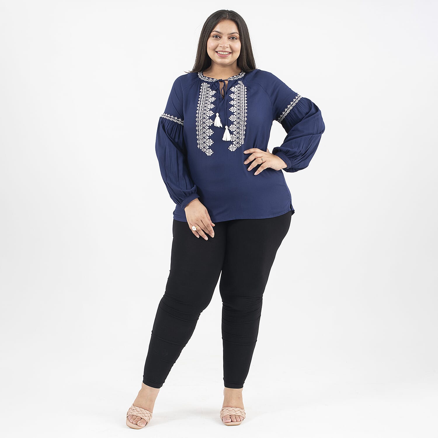 Tamsy 100% Viscose Embroidered Full Sleeves Top with Doori Tassel (Size XL,20-22) - Navy