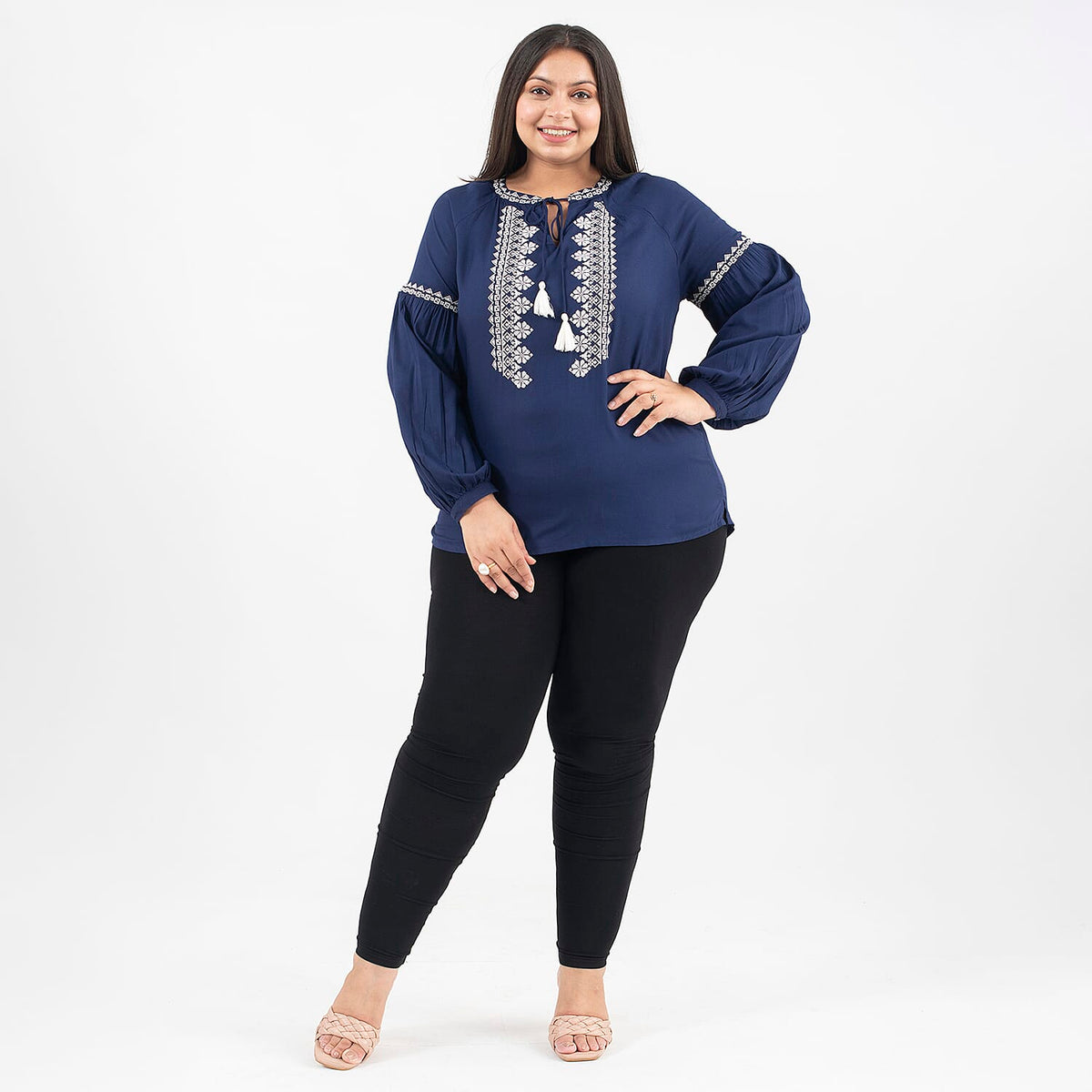 Tamsy 100% Viscose Embroidered Full Sleeves Top with Doori Tassel (Size XL,20-22) - Navy