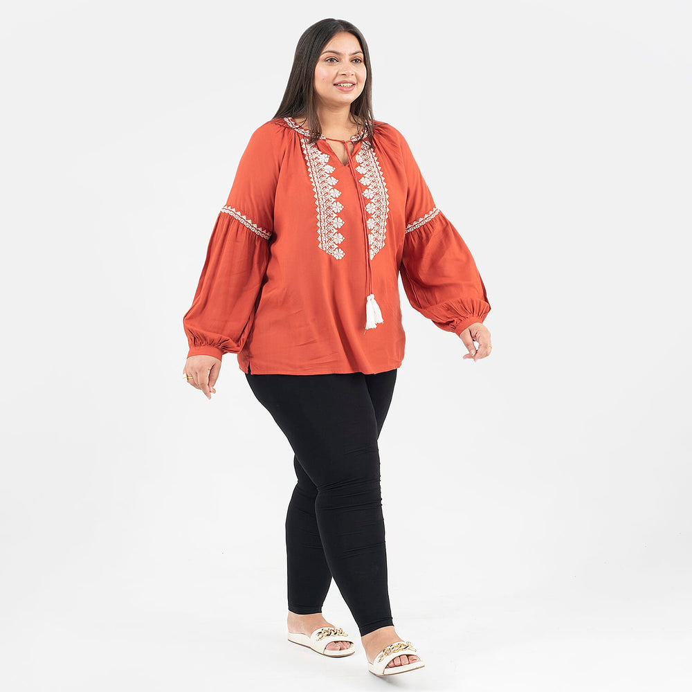 Tamsy 100% Viscose Embroidery Top with Doori Tassel Full Sleeves (Size M,12-14) - Paprika